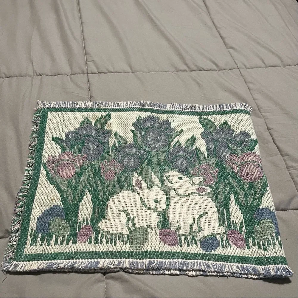 Bunnies and Tulips Tapestry Folk Art Spring Table Runner Easter Woven 34X13